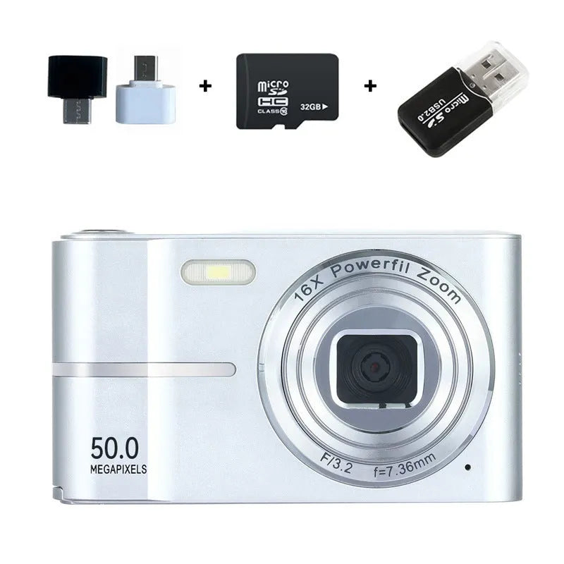 Compact 4K HD digital camera in black, green, pink, or white colours with lanyard
