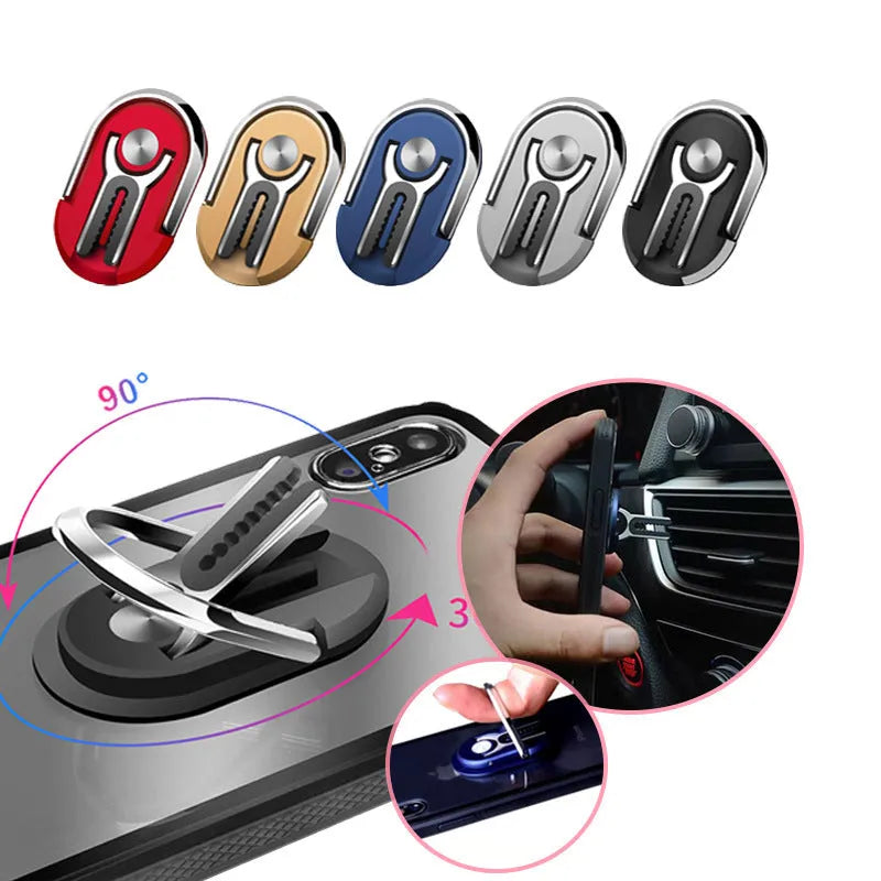 Universal black car phone bracket with 360-degree rotating ring and adhesive base mounted on a dashboard