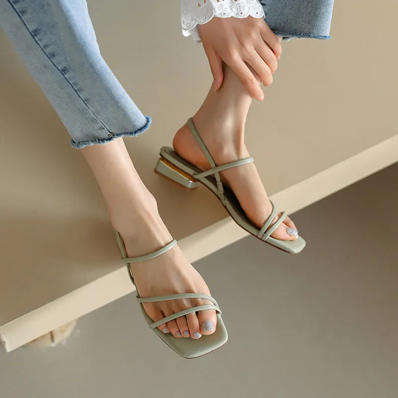 Flat strap open-toed Roman sandals for women in square toe microfiber design