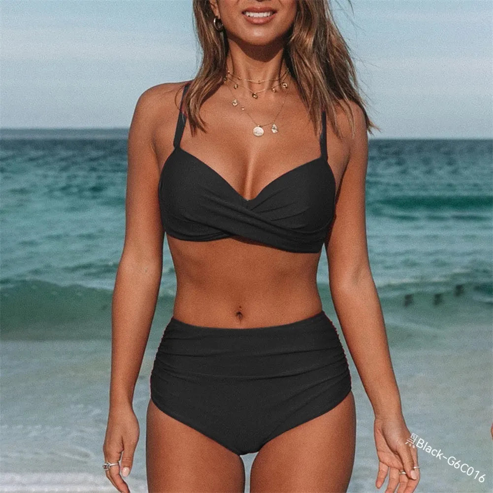 Women's solid colour cross-strap bikini swimsuit in nylon.