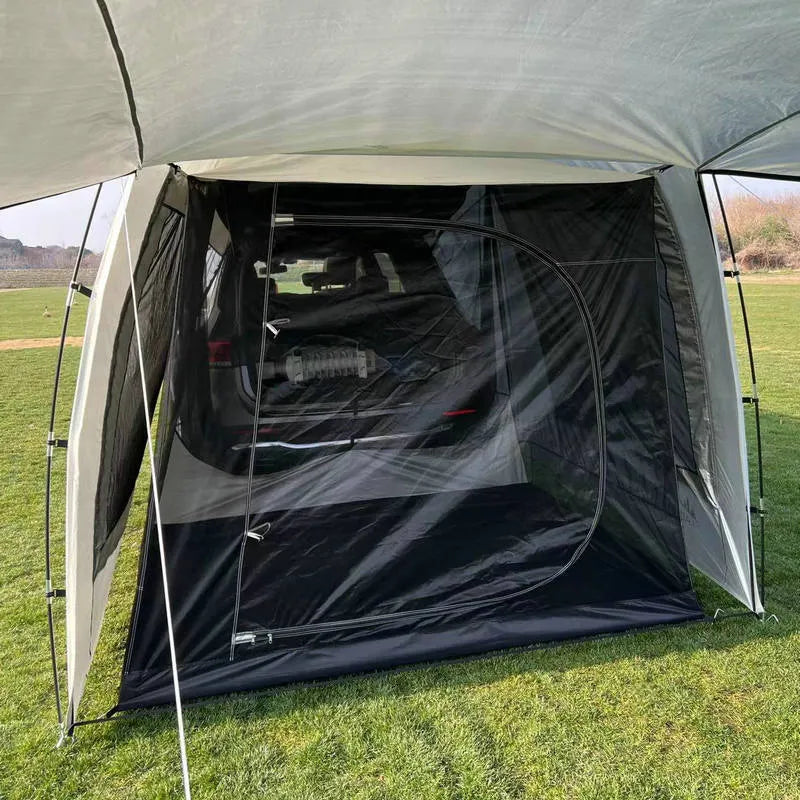 Outdoor camping tail extension tent attached to car boot with anti-UV fabric and mesh windows