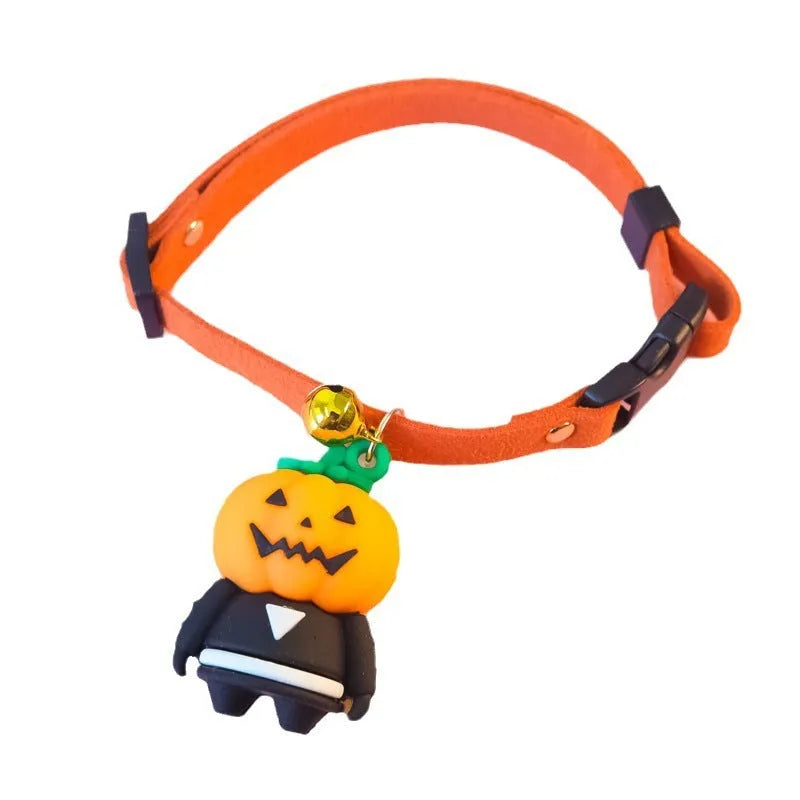 Halloween dog collar decoration in a cartoon design, shown with adjustable sizing options.