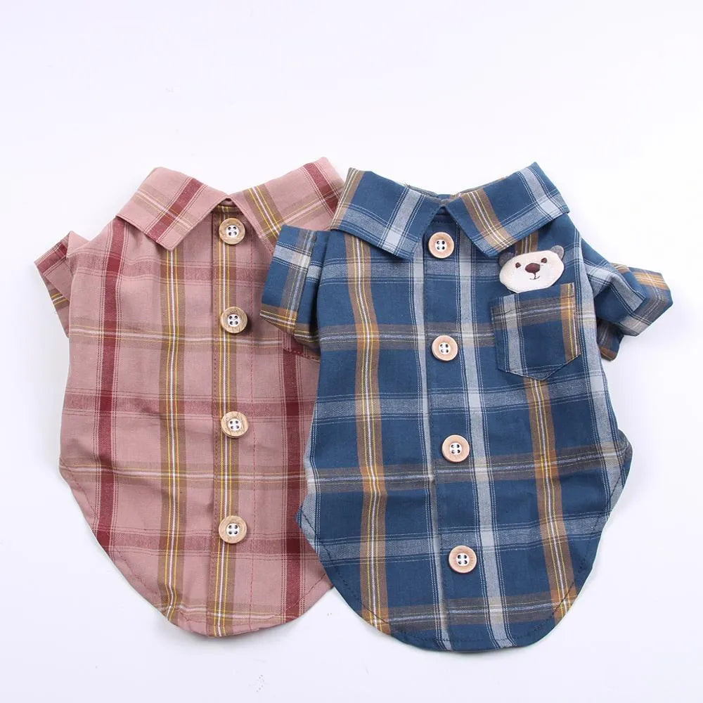 Pet shirt in soft cotton with two feet design, available in blue, red, and rice brown for dogs and cats