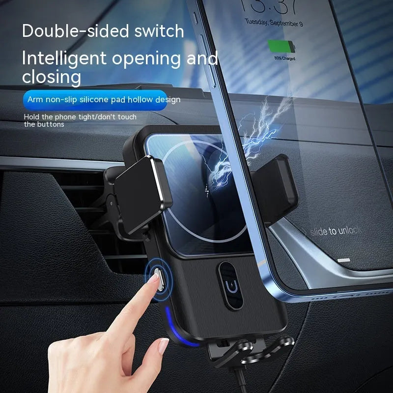 Black car wireless phone charging holder with 15W fast charging capability on vehicle dashboard