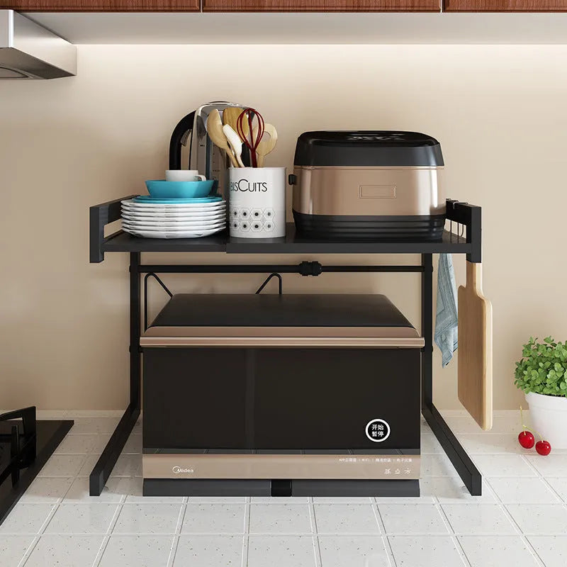 Retractable metal kitchen microwave rack on countertop with 2-layer shelf and no-punch installation