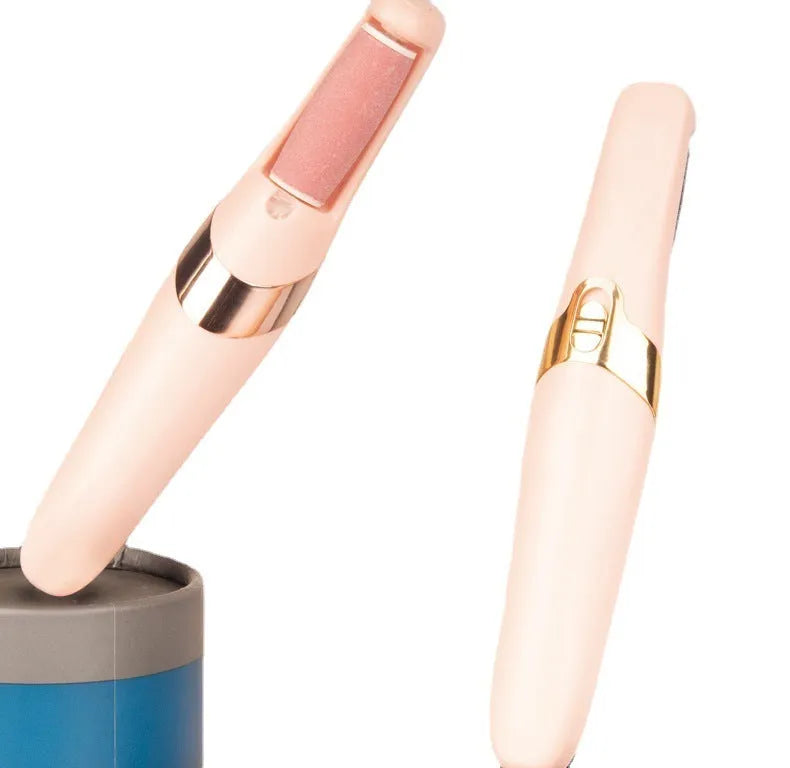Electric foot grinder in white or pink with two grinding heads and USB cable, ABS body, 19.2cm bare size