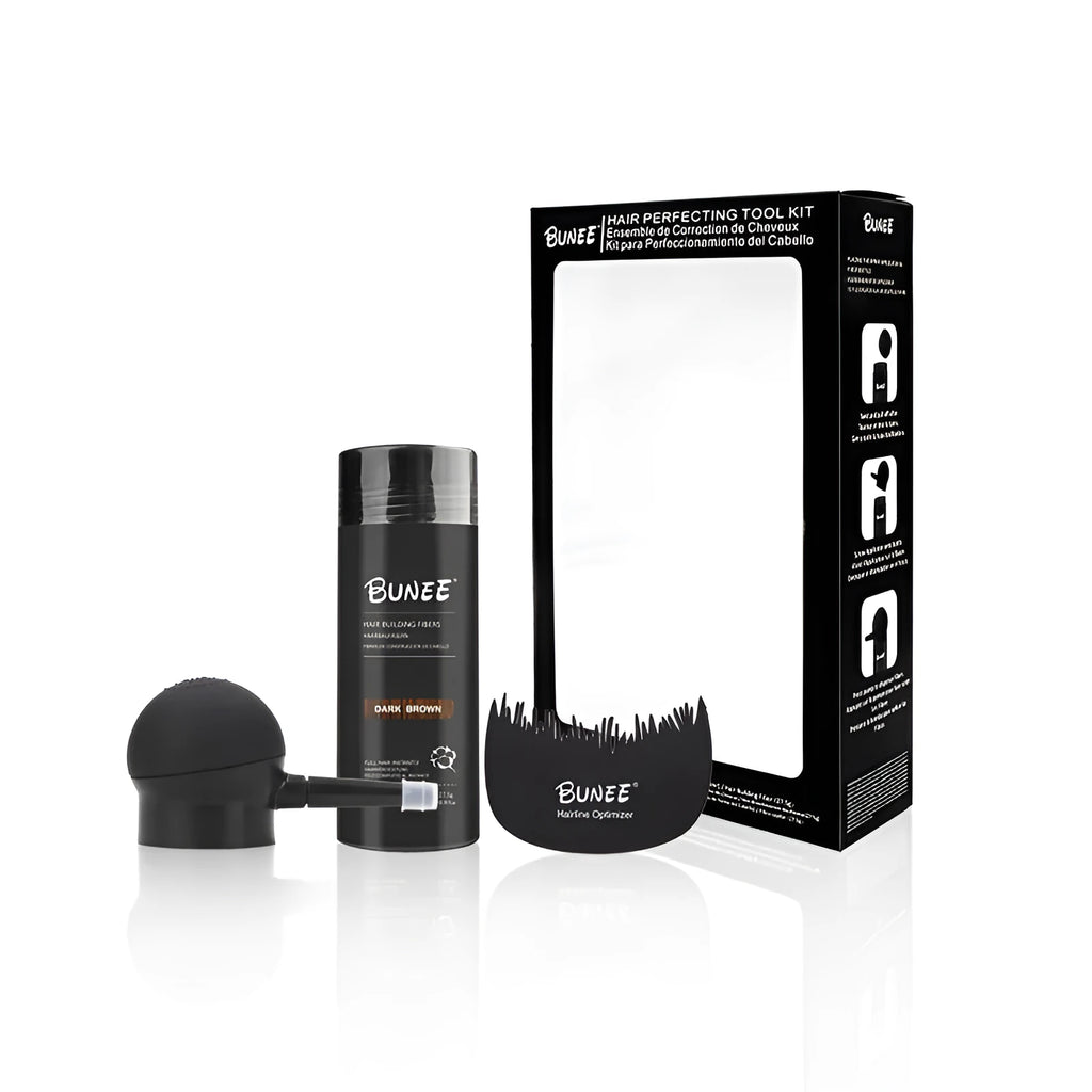 Boxed dense hair fibre powder three-piece set for thinning hair coverage with applicator brush