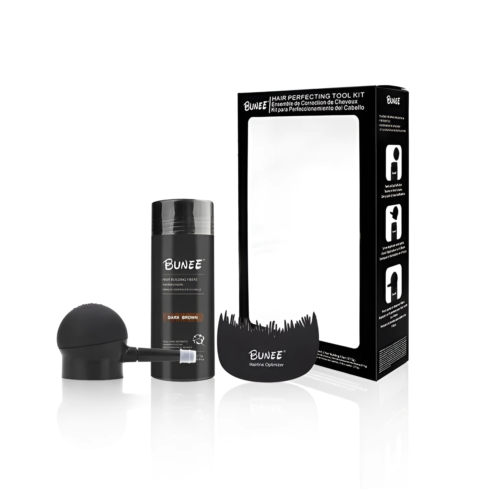 Boxed dense hair fibre powder three-piece set for thinning hair coverage with applicator brush