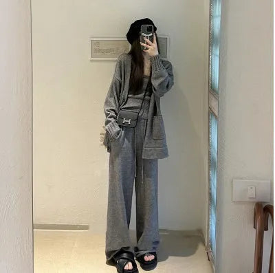 Women's knit cardigan vest pants three-piece set in Japanese Korean casual style