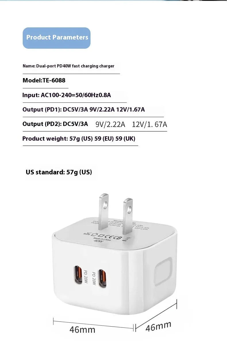 White PD40W Type-C fast charger head with compact design