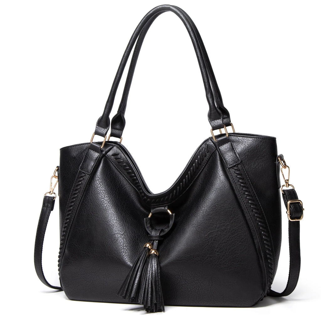Women's retro PU leather bucket shoulder messenger bag in black with small bag option