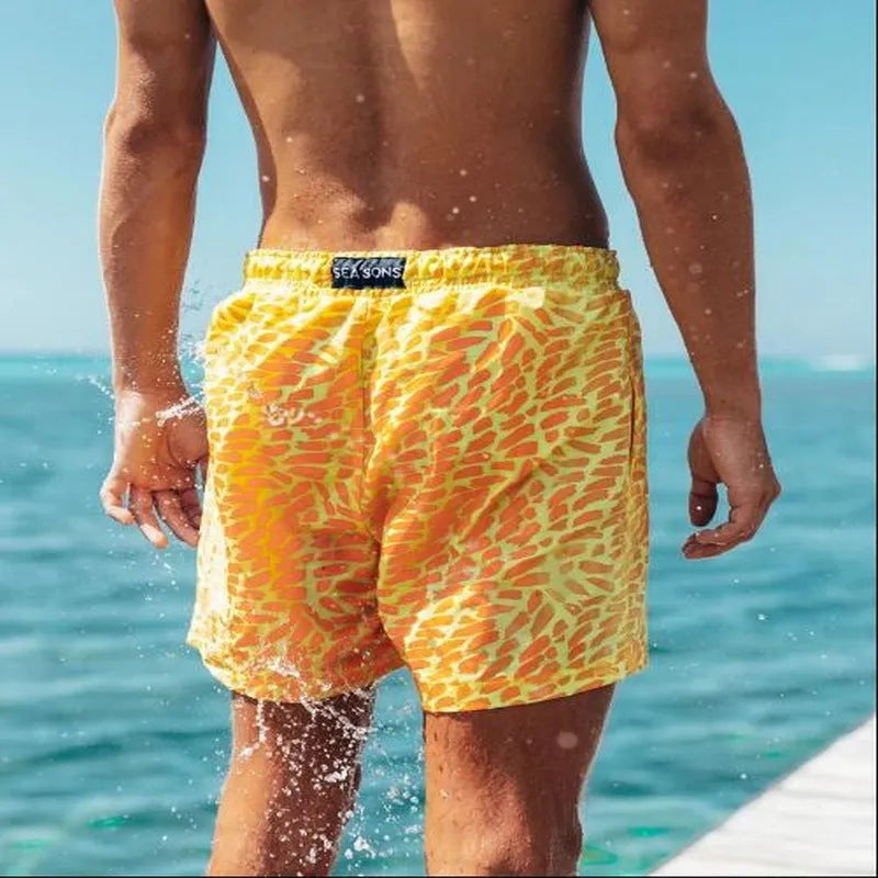Thermochromic children's polyester shorts in solid blue colour changing to green when warm