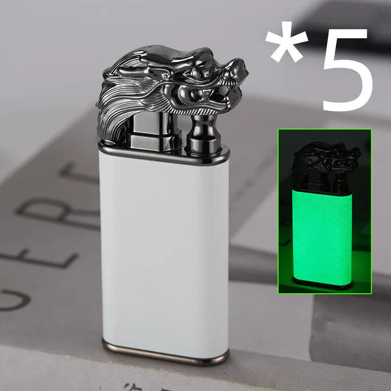 Metal windproof lighter with dragon sculpture and double blue flame