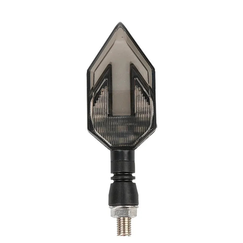 Arrow-shaped LED motorcycle indicator lights showing yellow with blue, red, or white lighting options
