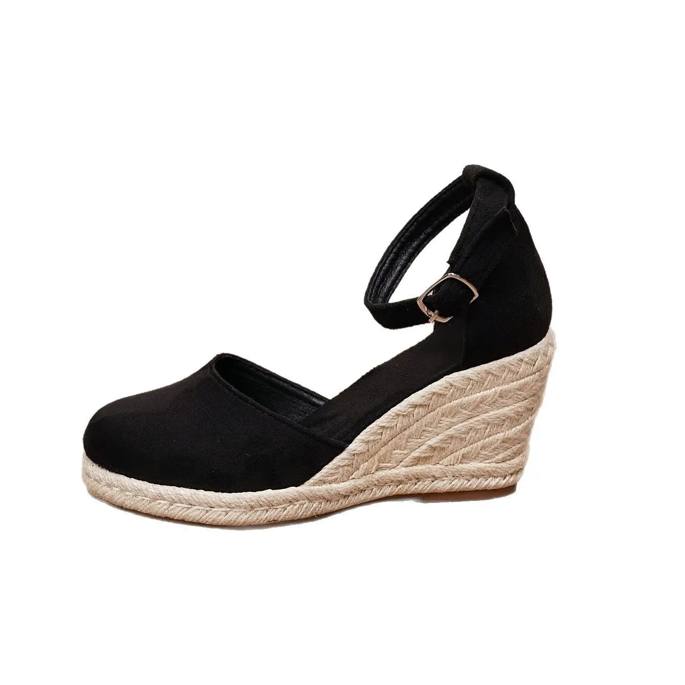 Women's apricot and black canvas wedge sandals with suede upper and buckle strap.