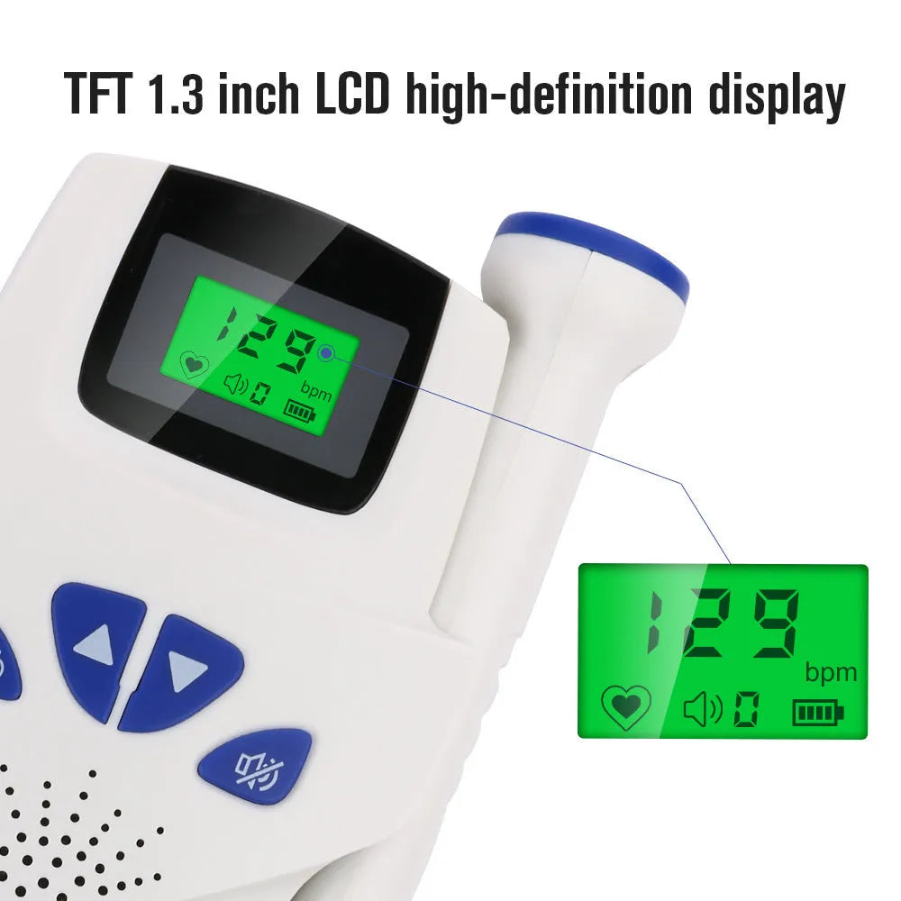 Digital waveform dual display fetal doppler with TFT colour screen and LCD display, compact design for second trimester use