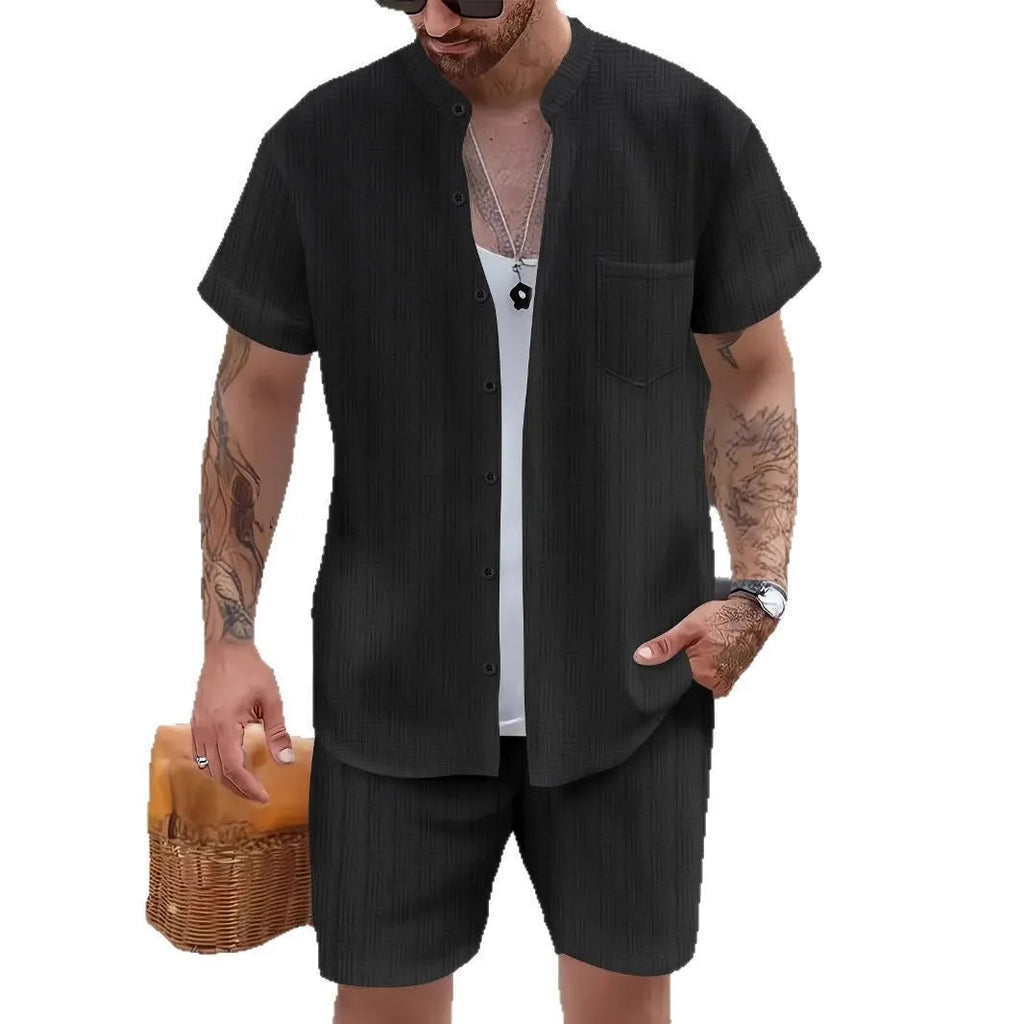 Men's casual henley collar short sleeve shirt and shorts set in polyester, available in multiple colours