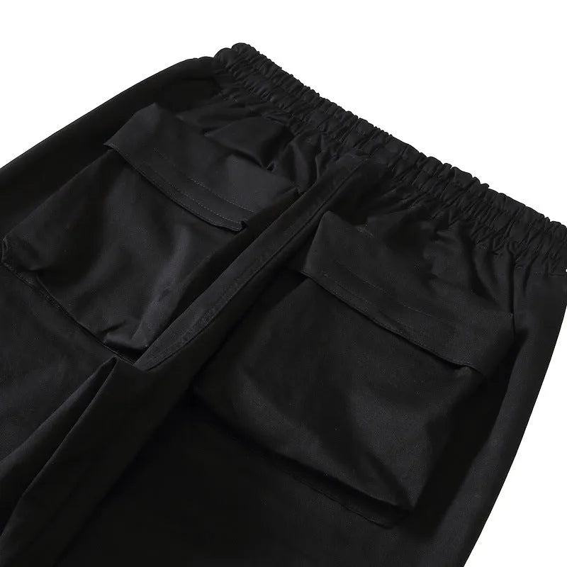 Men's cargo trousers in khaki or black, straight leg, mid-waist, drawstring ankle, cotton blend.