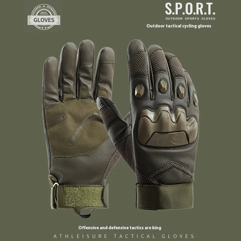 Men's black full finger tactical training gloves with touchscreen fingertips on a hand.