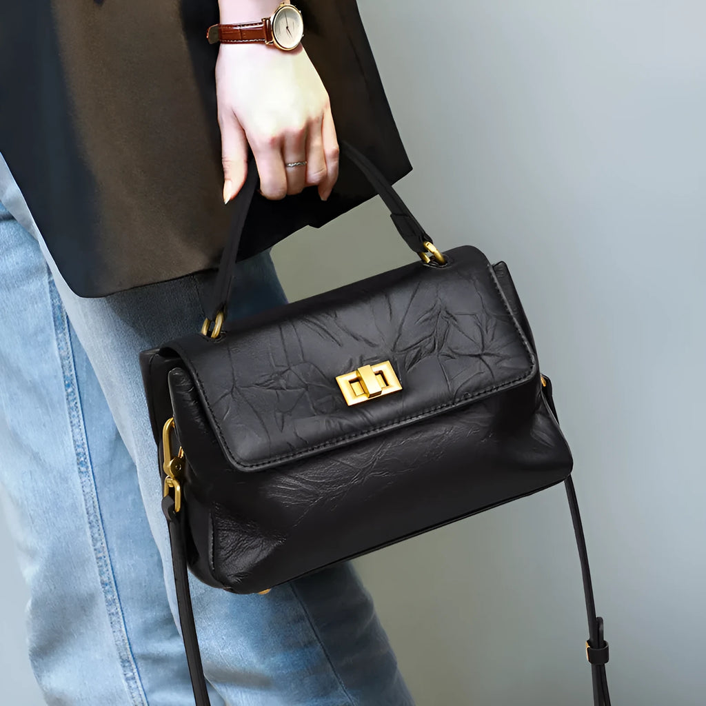 Women's crossbody bag in first layer cowhide leather, horizontal square shape, Black or Caramel Mocha