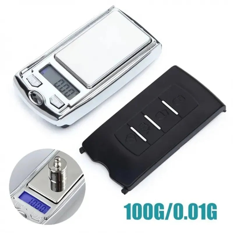Portable mini digital pocket scale with LCD display, 100g capacity, 0.01g precision, compact grey casing