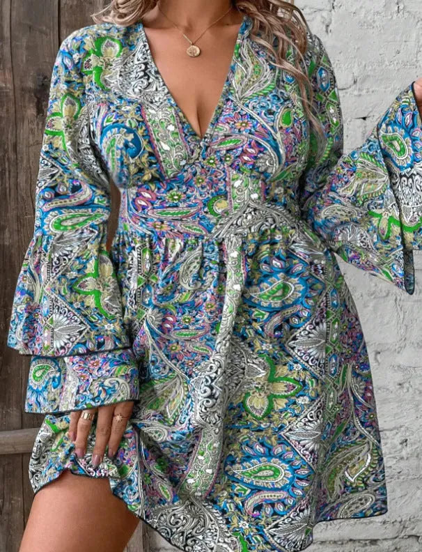 Women's plus size V-neck bell sleeve dress in bohemian print with A-line skirt