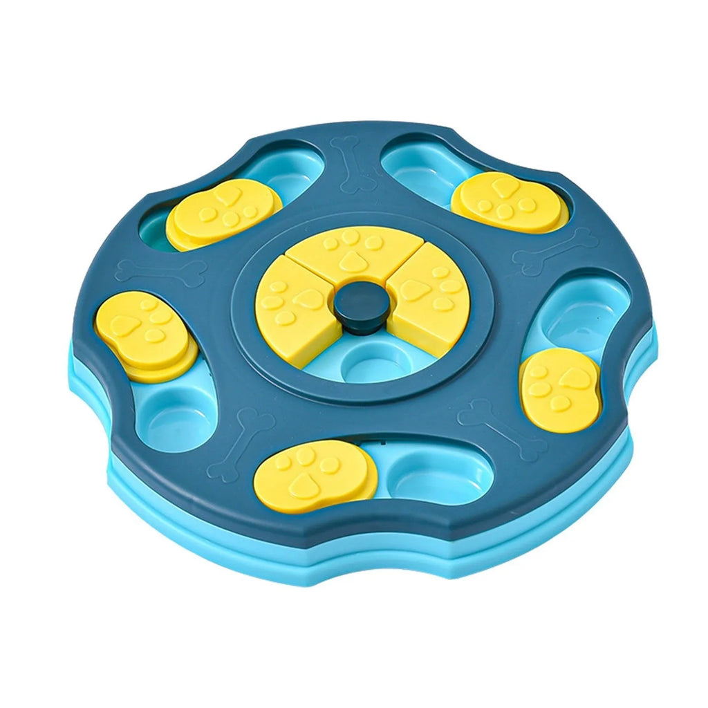 Blue dog puzzle feeder toy with interactive compartments for food dispensing during play