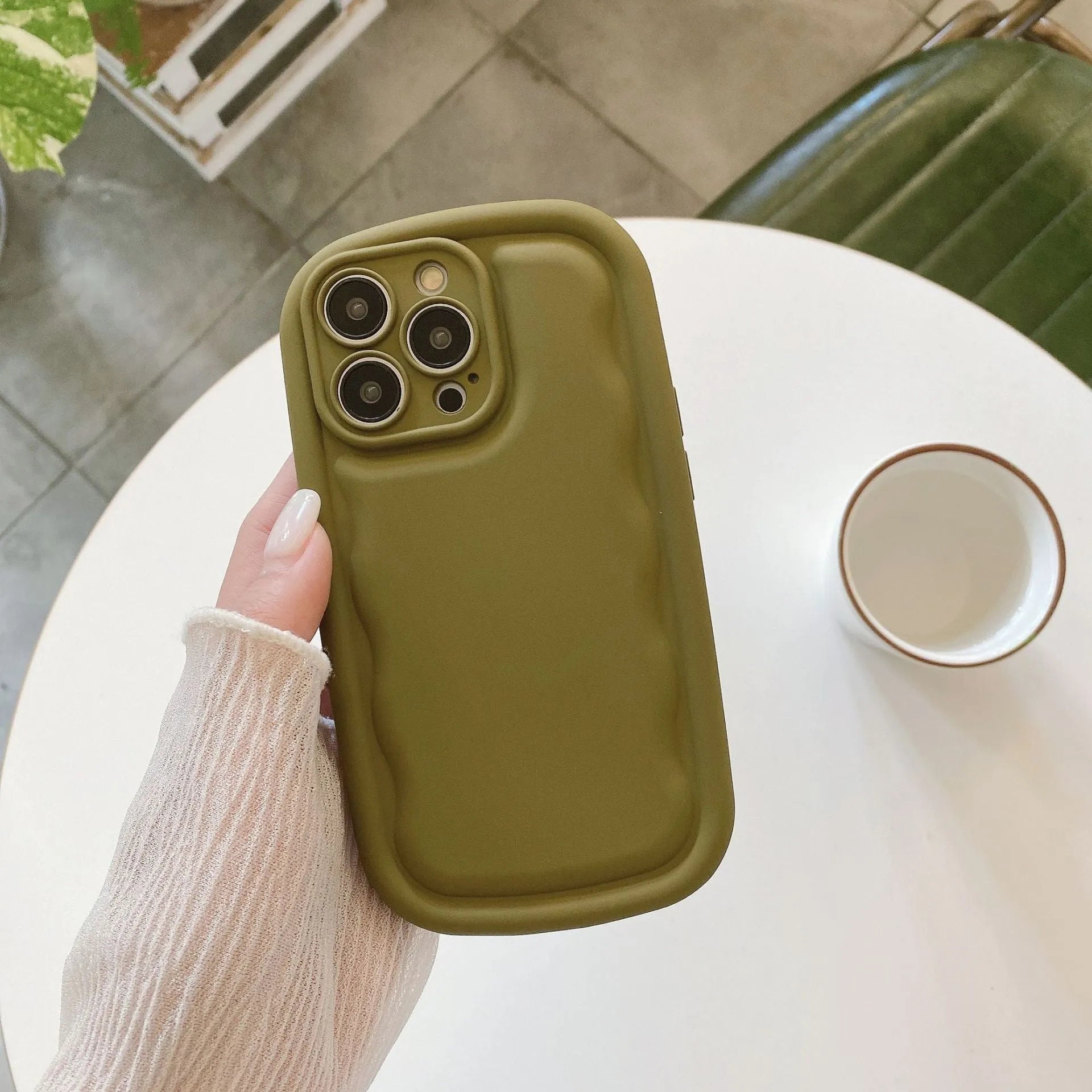 Silicone skin feel phone case in olive green for iPhone 15 Pro Max