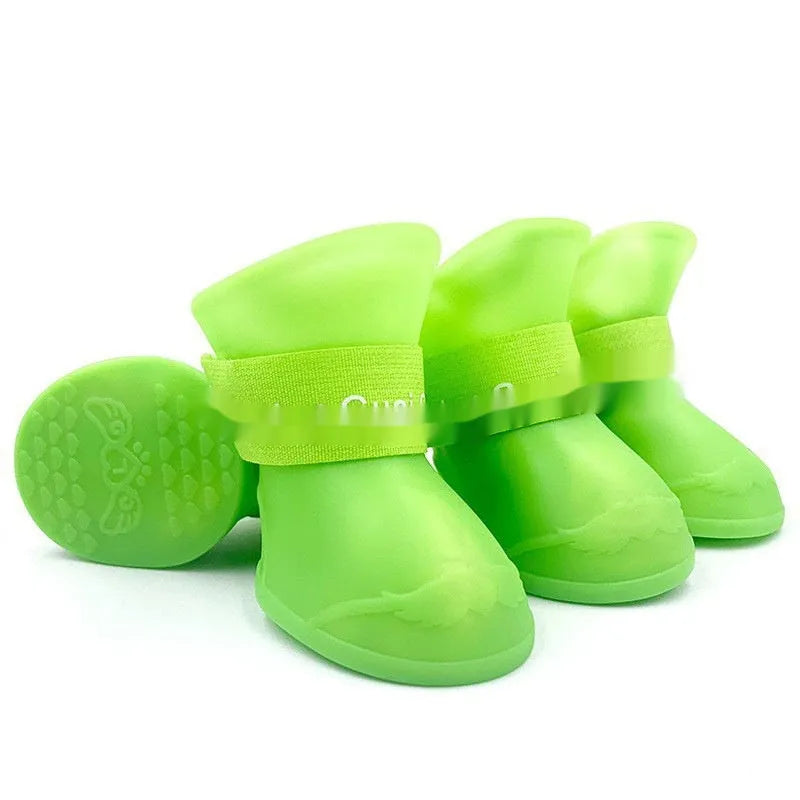 Rubber pet rain shoes in multiple colours with soft-soled anti-slip design for waterproof paw protection
