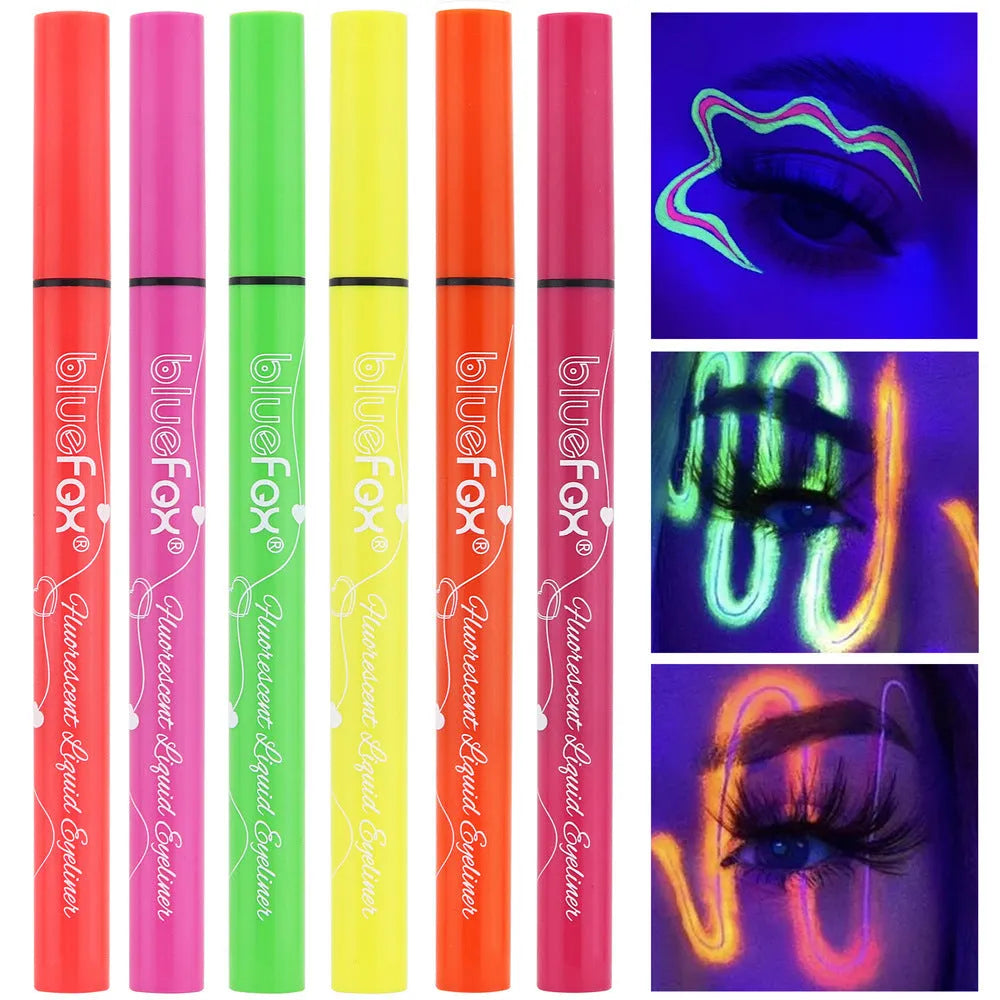 Set of six 1.5ml fluorescent liquid eyeliners in assorted colours including black, brown, purple, and watermelon red.
