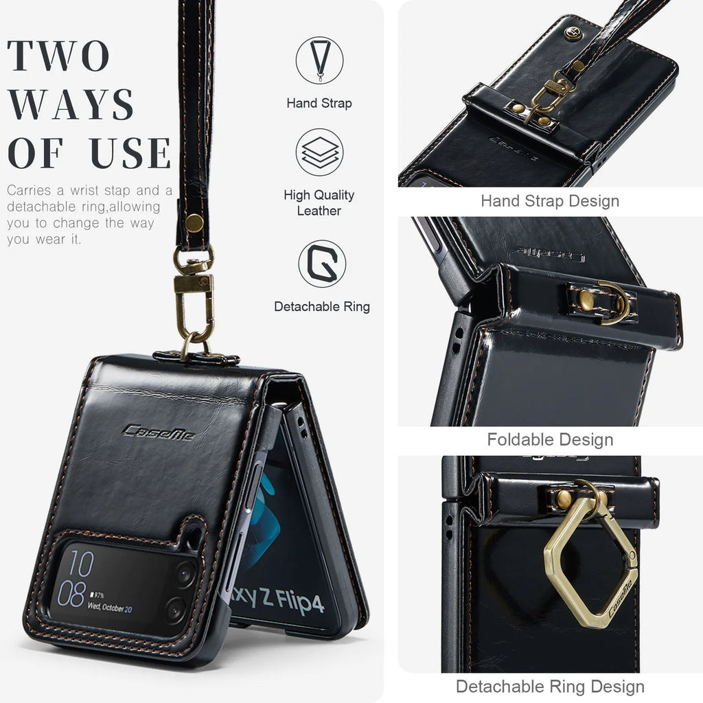 Folding PC leather phone case with Crazy Horse pattern and metal ring for Samsung Galaxy Z Flip
