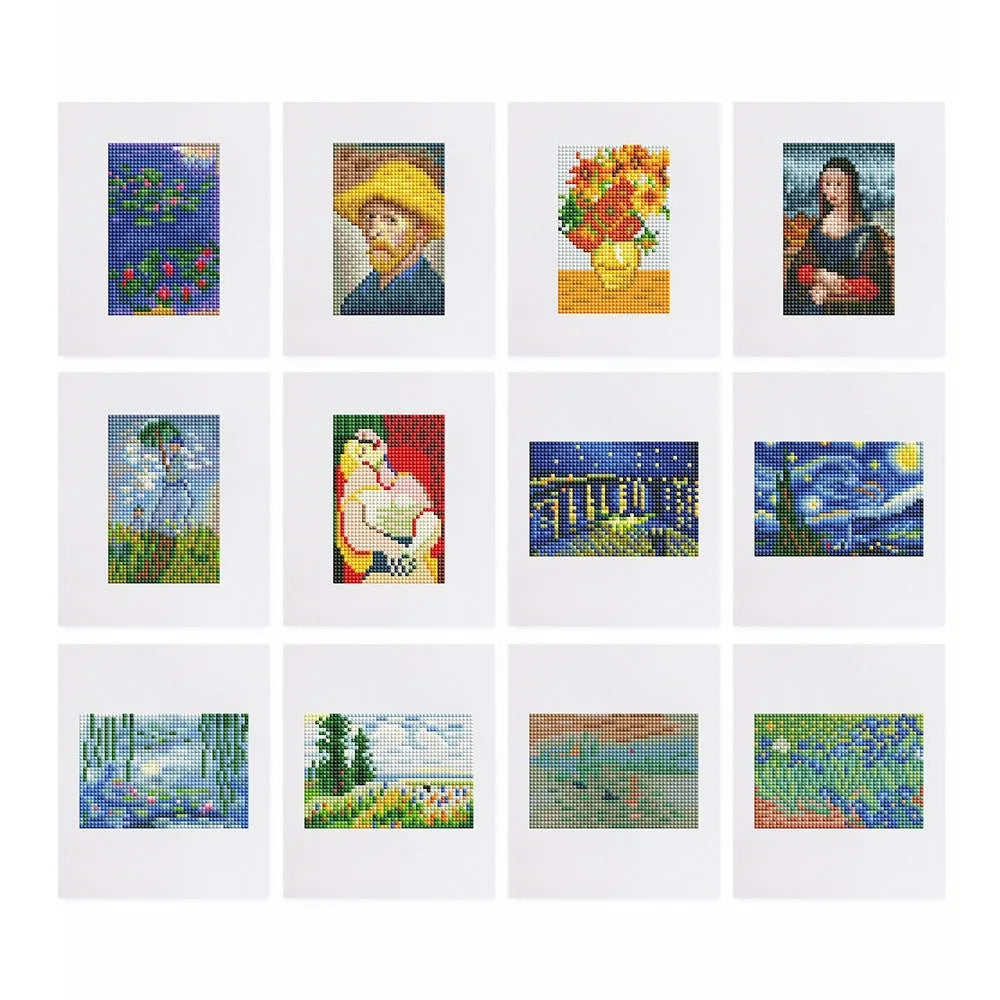 Frameless acrylic diamond painting set with 12 cartoon-style pieces at 15x15cm or 18cm