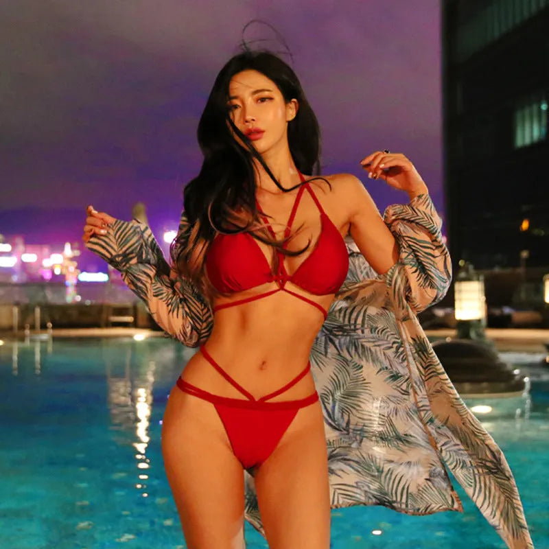 Black and red nylon bikini swimsuit set for women, shown as a two-piece top and pants.