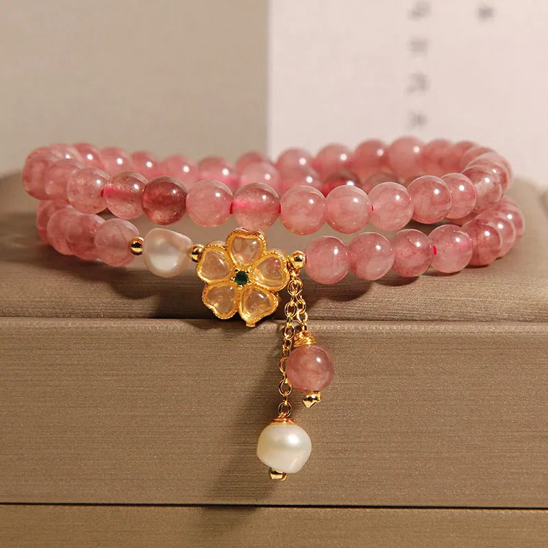 Strawberry quartz four-leaf clover double ring bracelet for women with alloy inlay