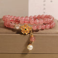 Strawberry quartz four-leaf clover double ring bracelet for women with alloy inlay