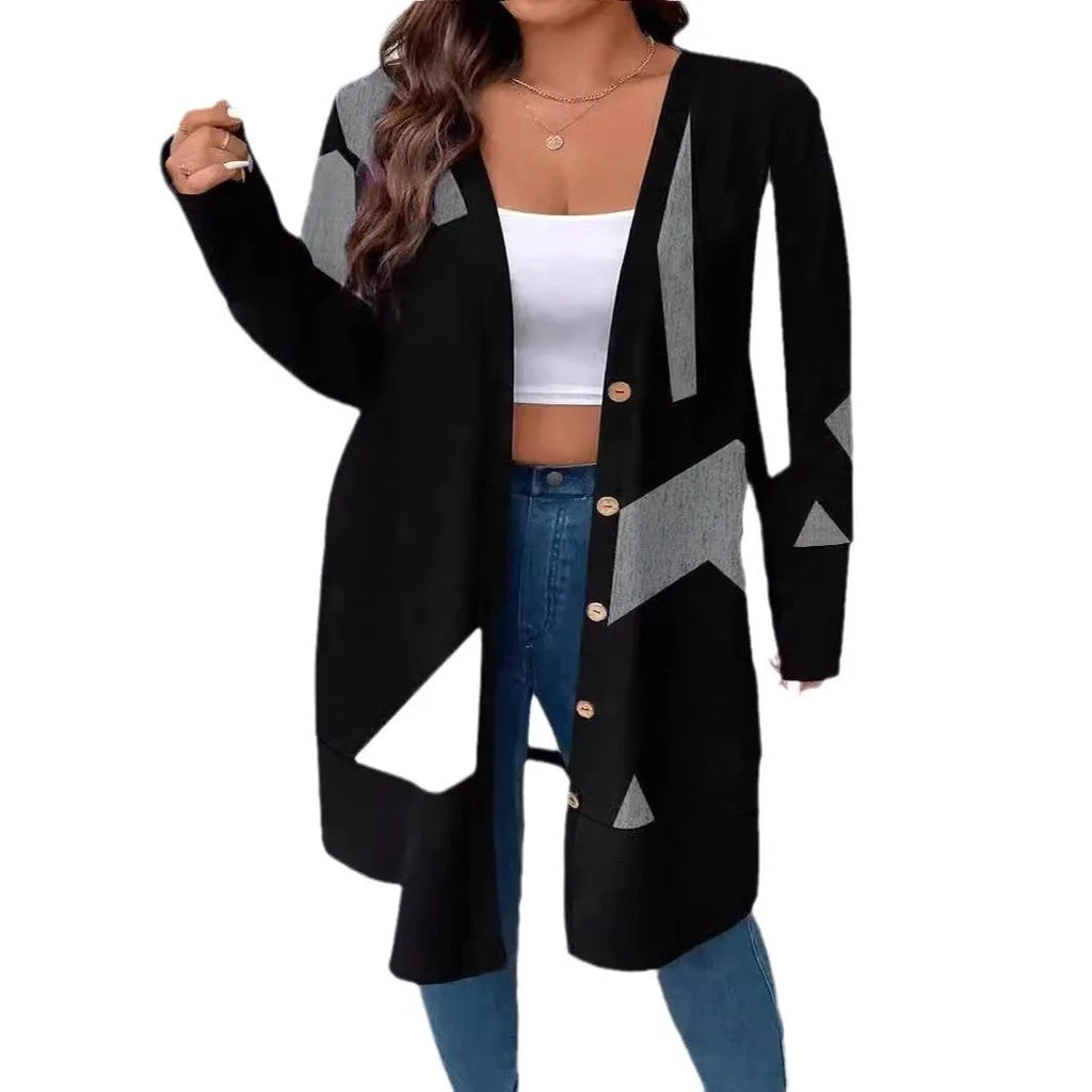 Black loose fit plus size cardigan coat with button stitching and regular sleeves