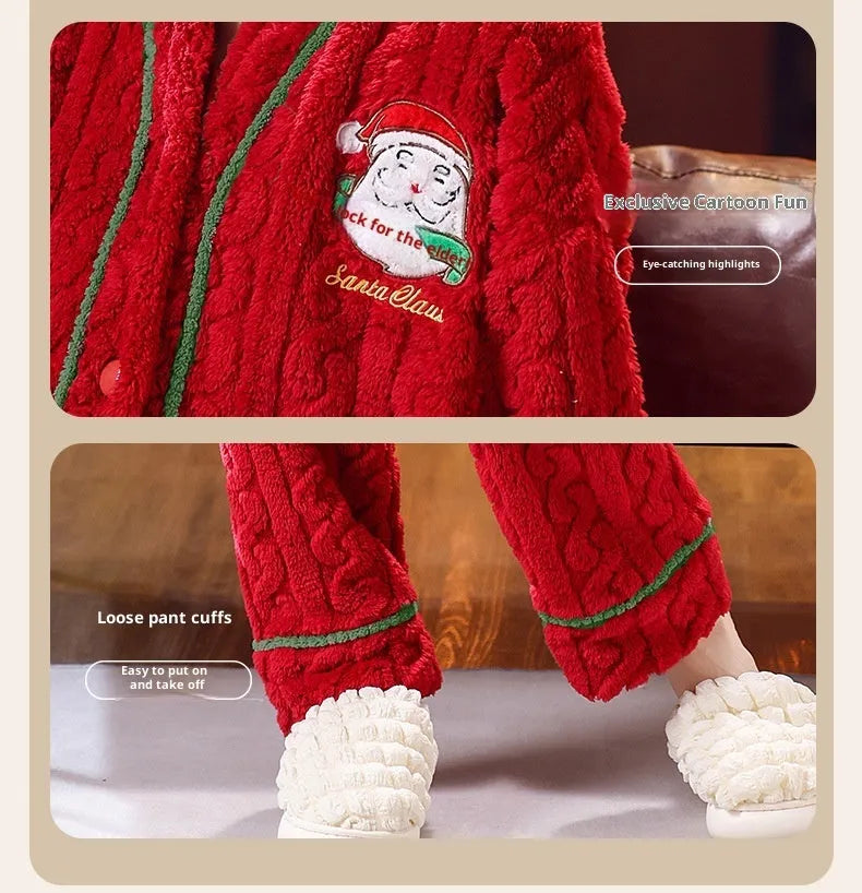 Winter women's red flannel homewear leisure set with long-sleeved top and matching pants