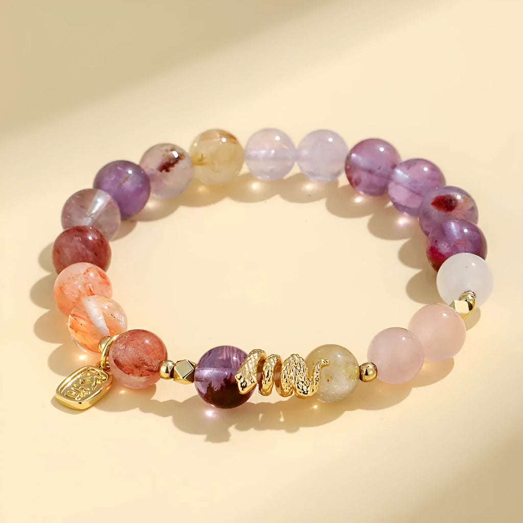 Women's lucky snake crystal bead bracelet with plastic flower decorations and beast pattern detailing