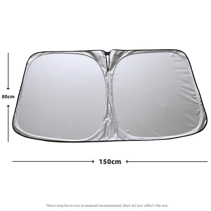 Titanium silver aluminium foil car sunshade folded, showing reflective surface and size options for windscreen heat protection.