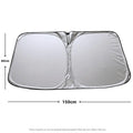 Titanium silver aluminium foil car sunshade folded, showing reflective surface and size options for windscreen heat protection.