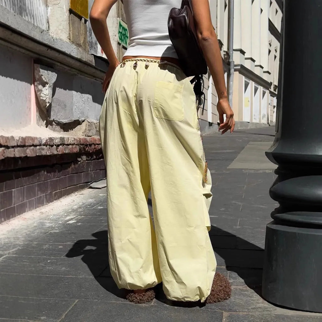 Women's yellow cotton drawstring straight leg loose casual trousers, mid waist, sizes S M L, European American style work clothes