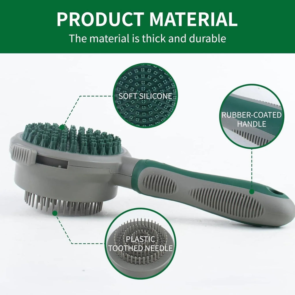 Green 2-in-1 silicone pet grooming brush showing slicker brush side and octopus-teethed massager side
