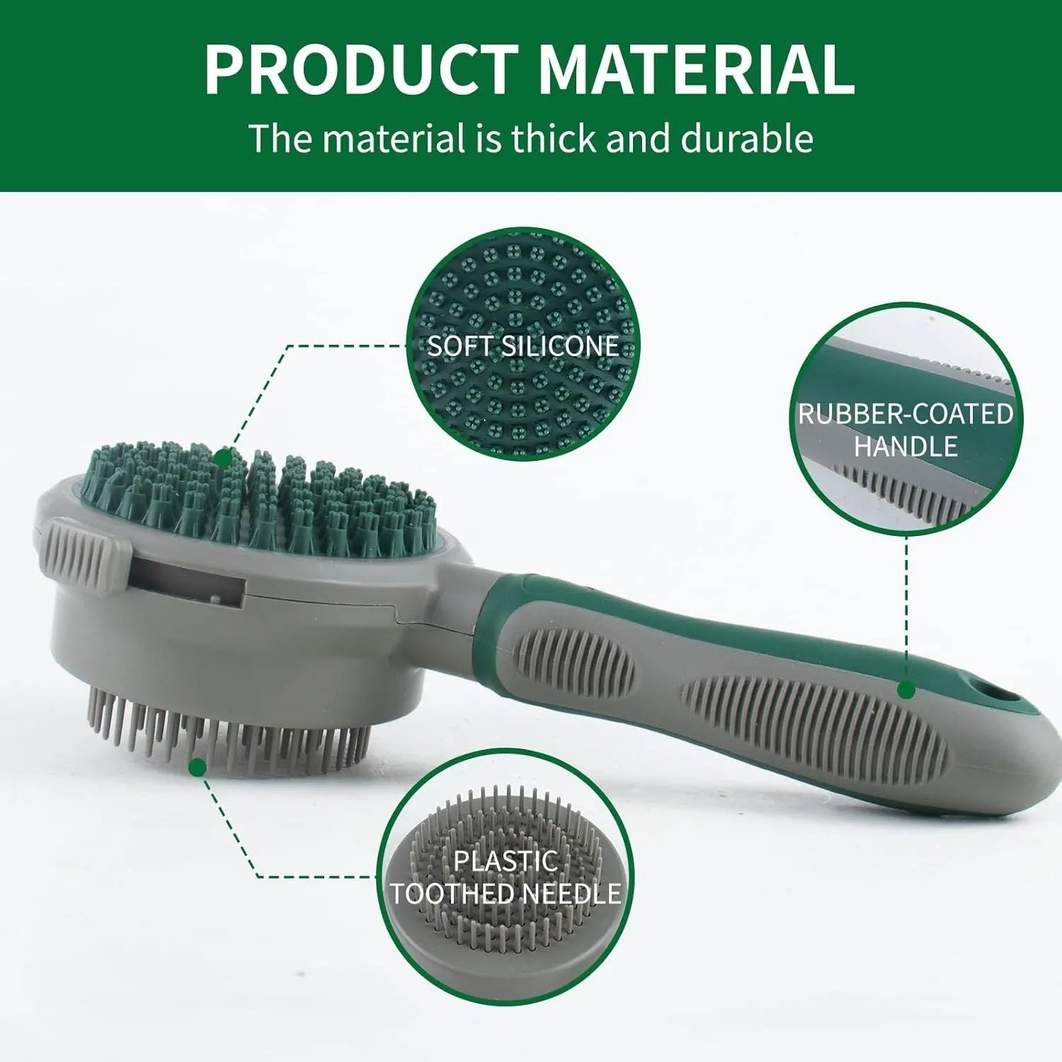 Green 2-in-1 silicone pet grooming brush showing slicker brush side and octopus-teethed massager side