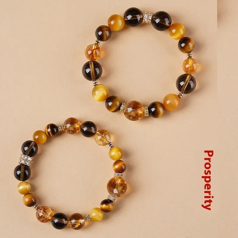 Lucky Jinba natural tiger-eye crystal bracelet with geometric beads in yellow tower style.