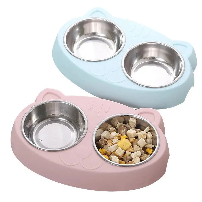 Blue double compartment plastic pet feeder tray for cat or dog food and water.