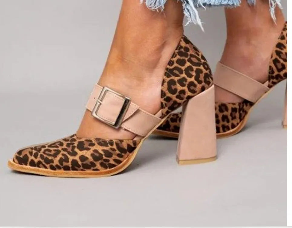 Women's leopard print pointed toe high heel sandals with belt buckle detail in suede upper