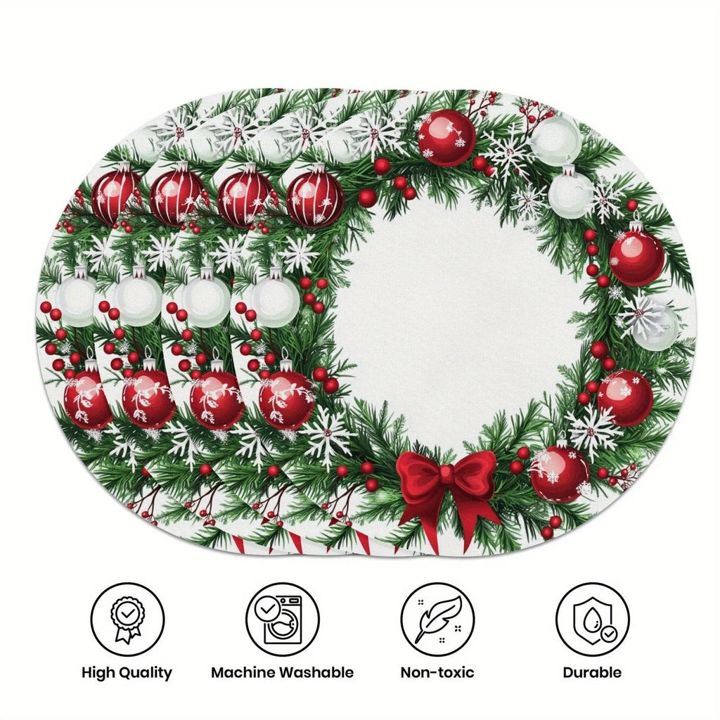 Round Christmas placemat with garland bow, holly, and snowflake pattern on linen fabric, 38cm diameter