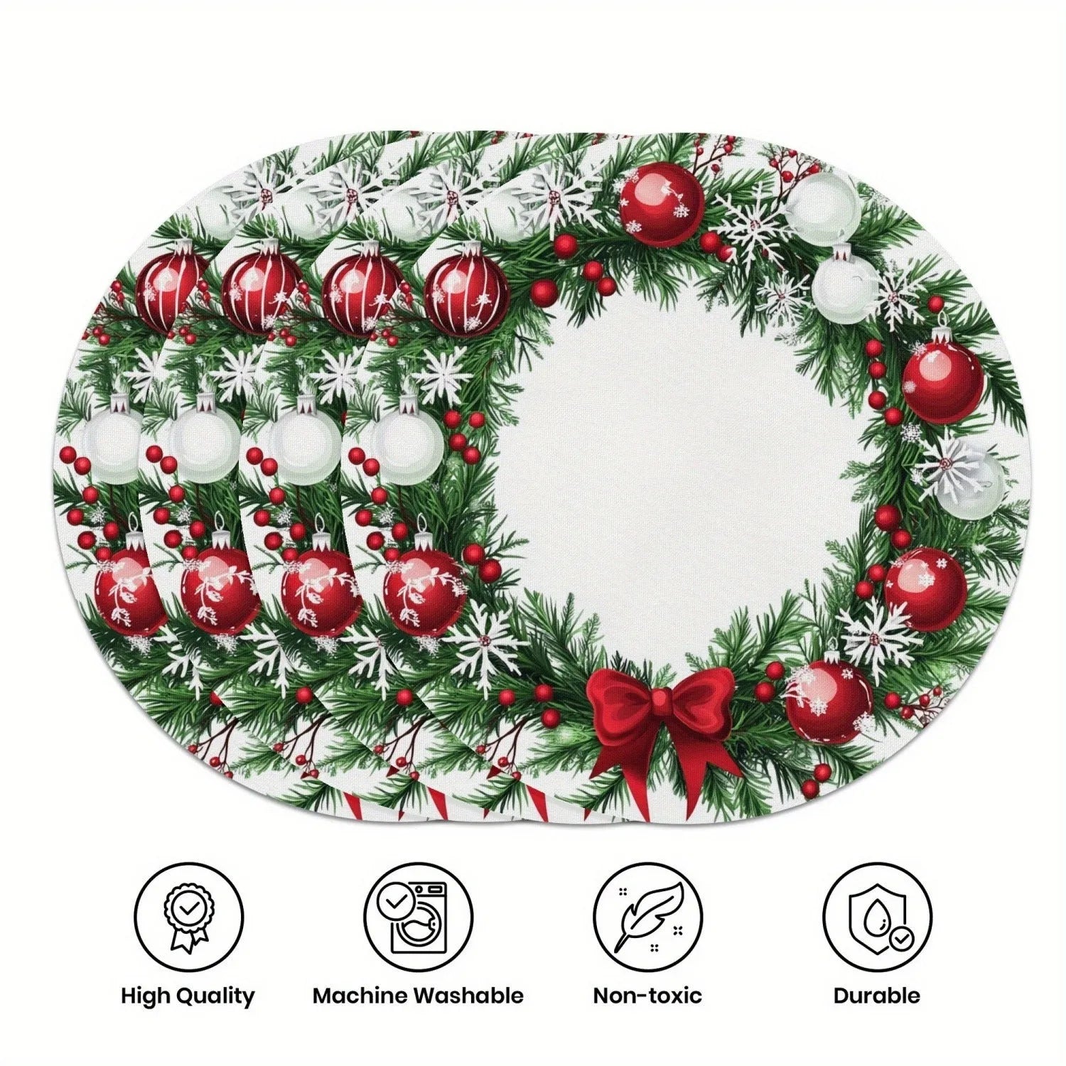 Round Christmas placemat with garland bow, holly, and snowflake pattern on linen fabric, 38cm diameter