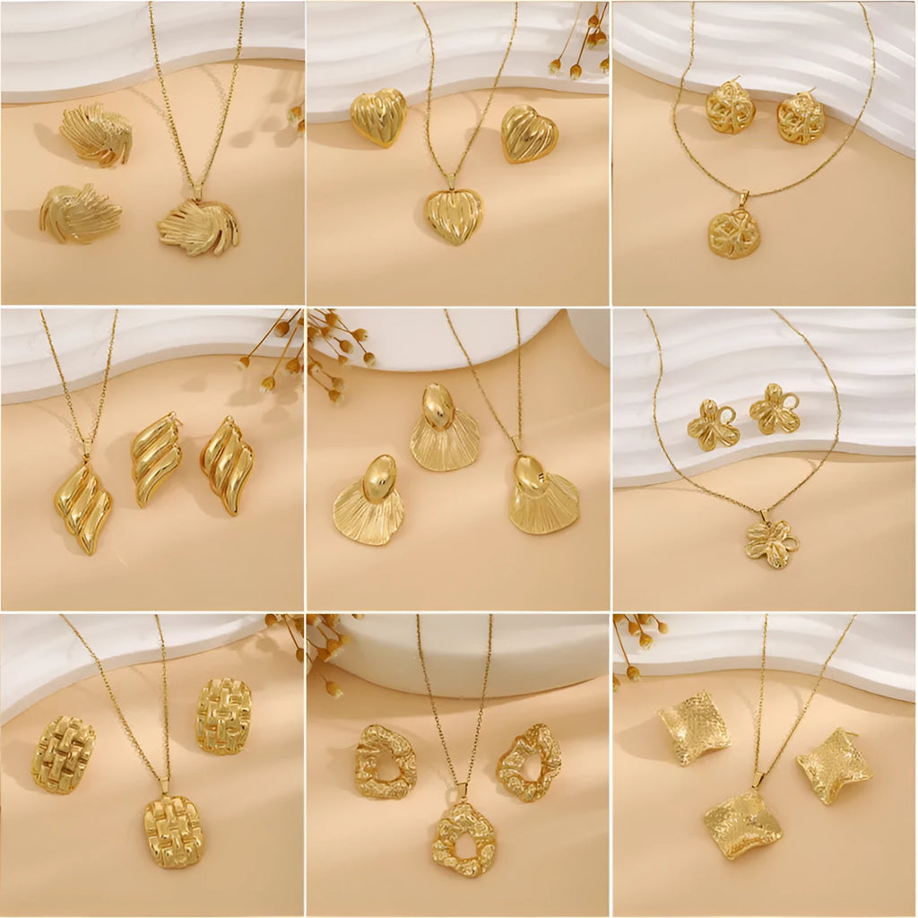 Geometric leaves texture flower love heart earrings and necklace set with stainless steel pendant on regular chain