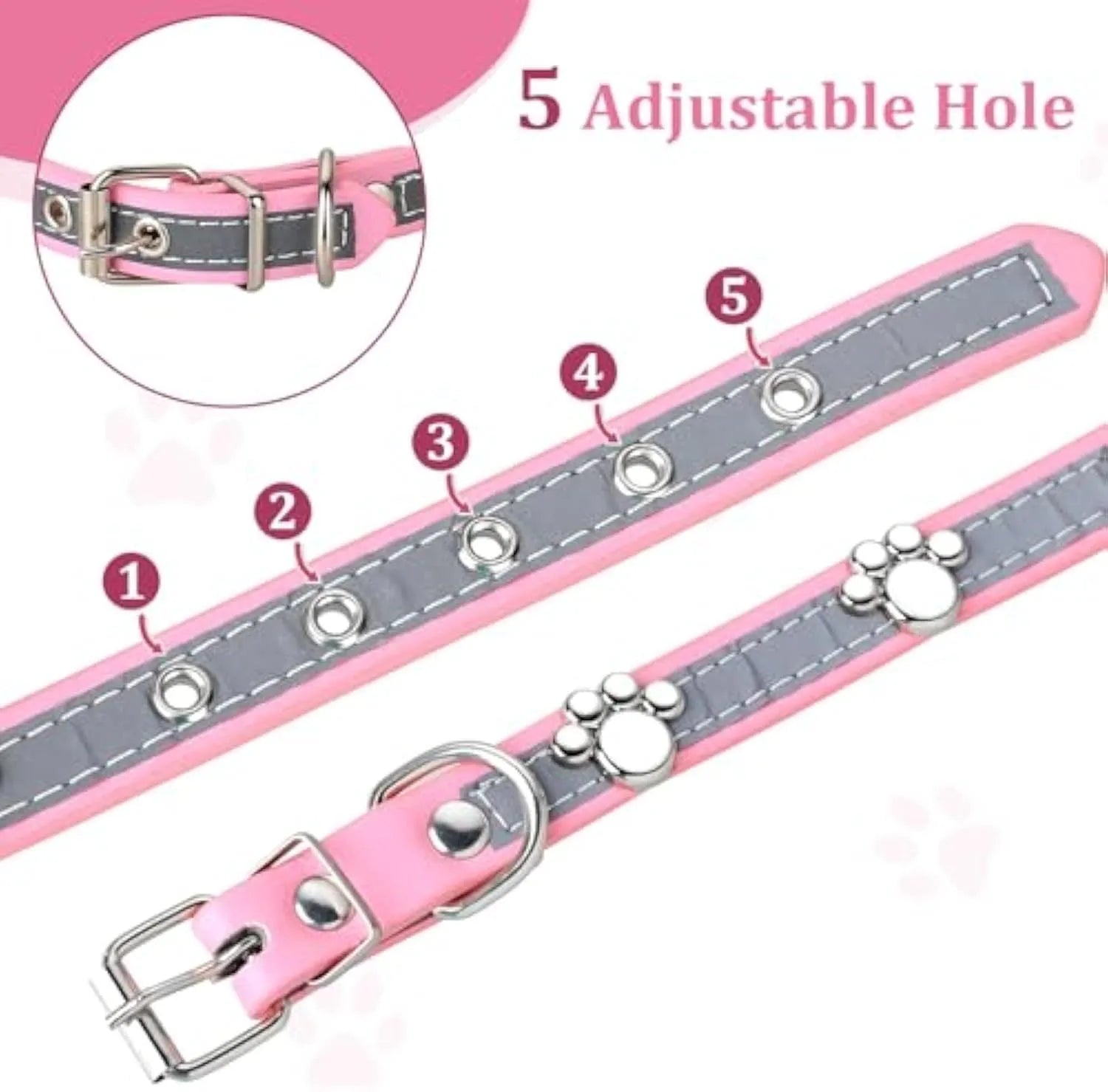 Reflective adjustable leather dog collar with cute paw rivet on a grey background